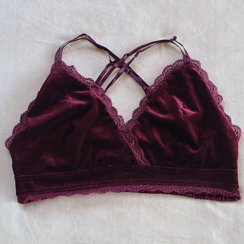 Deep Maroon Velvet/Lace Bralette w/ Criss-Cross Straps | Size L
